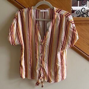 LUQ Striped Elayne Tie-Front Button Blouse in Cream, Yellow & Burgundy Sz Small